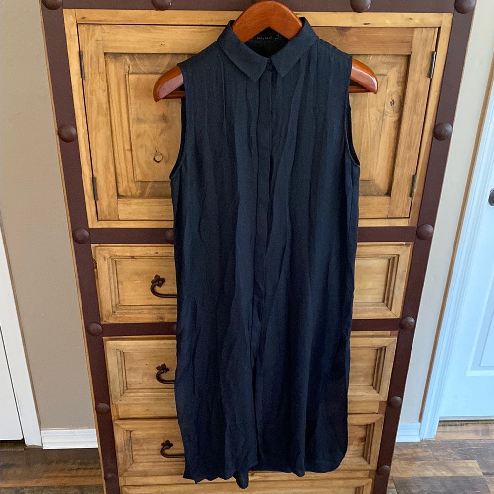 Zara Blue Long Pleated Mandarin Collar Sheath Top